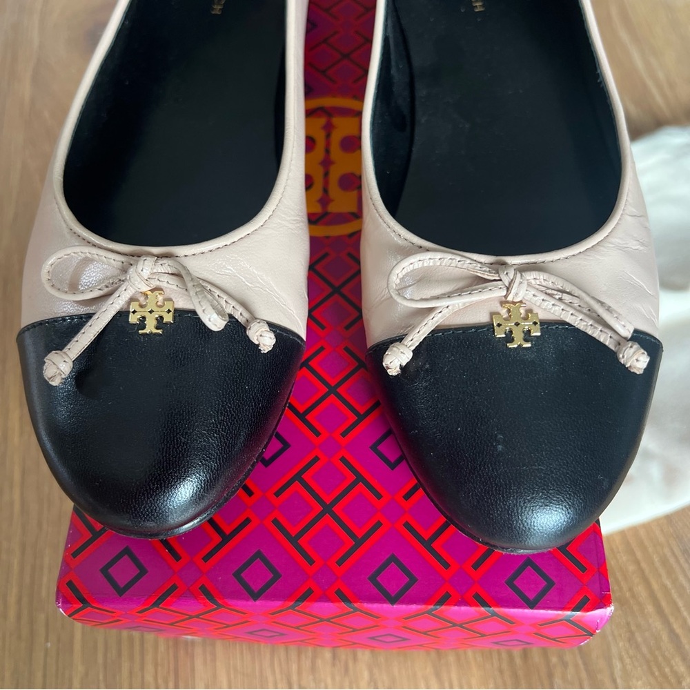 Tory Burch Cap-Toe Black and Pink Ballet Flats with Bow - Picture 2 of 5